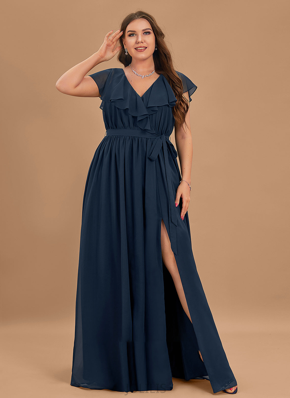 A-Line V-neck Mariela Cascading Bow(s) Chiffon Floor-Length Split With Ruffles Front Prom Dresses