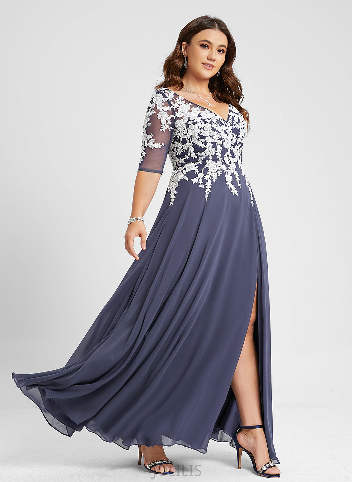 Lace V-neck Chiffon A-Line Daisy Prom Dresses Floor-Length