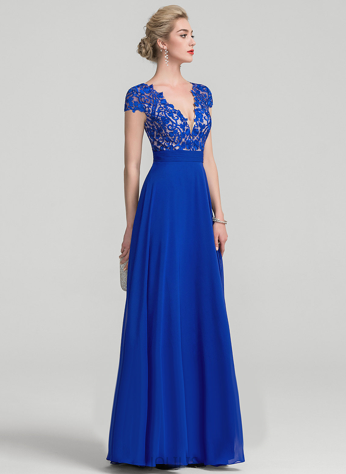 V-neck Prom Dresses Chiffon A-Line Floor-Length Laci Lace