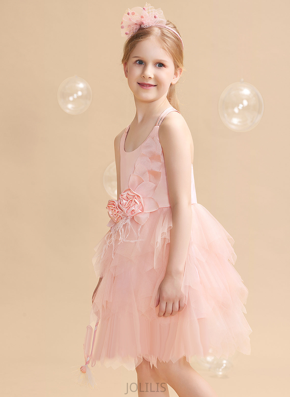 Ball-Gown/Princess Tulle With Scalloped Feather/Flower(s) - Neck Sleeveless Dress Flower Flower Girl Dresses Yasmine Knee-length Girl