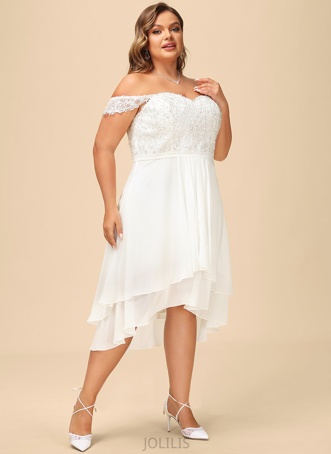 Wedding Dresses Dress Sequins Aliyah Asymmetrical Off-the-Shoulder With Lace Wedding Chiffon Beading A-Line