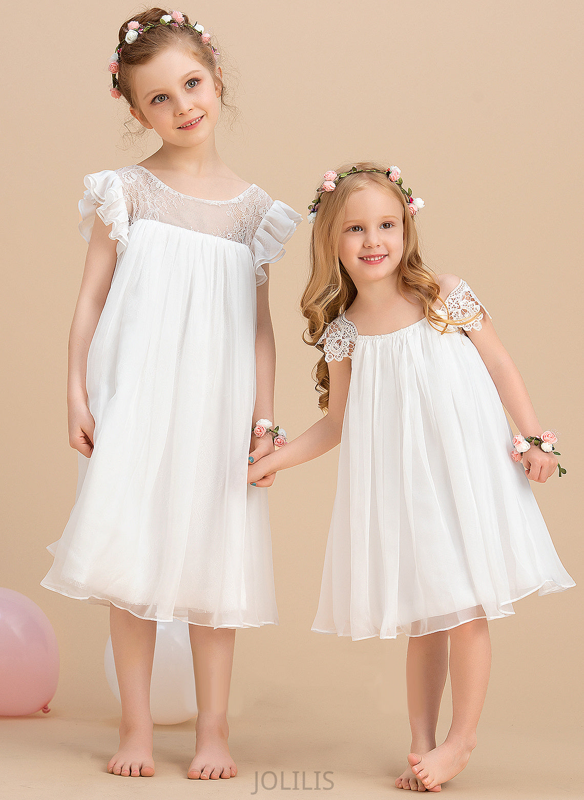 Scoop Neck Selina Short Girl - Flower With Dress Flower Girl Dresses Chiffon Lace Knee-length A-Line Sleeves