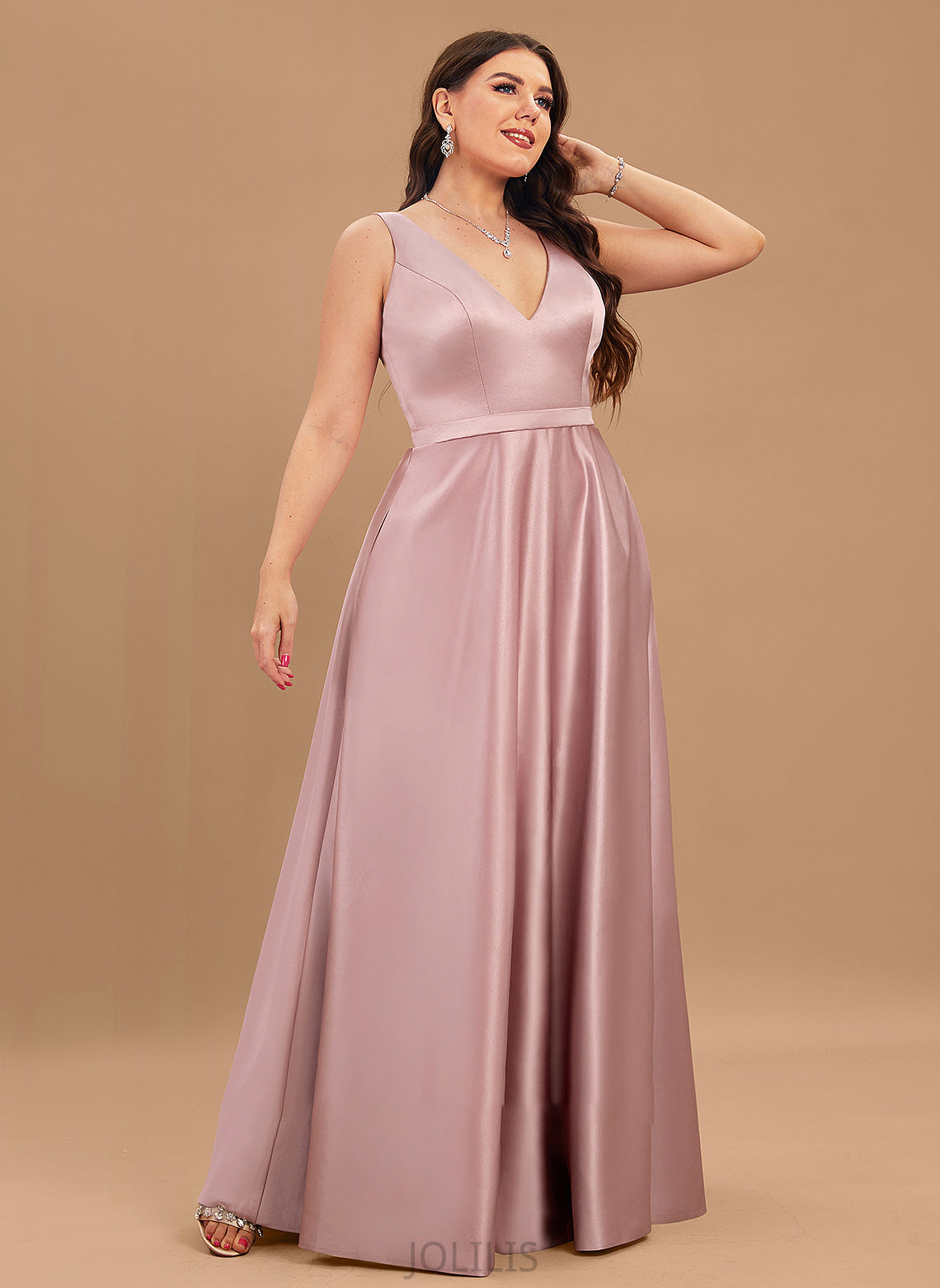 Ball-Gown/Princess Angelica Floor-Length Pockets Prom Dresses Satin With V-neck