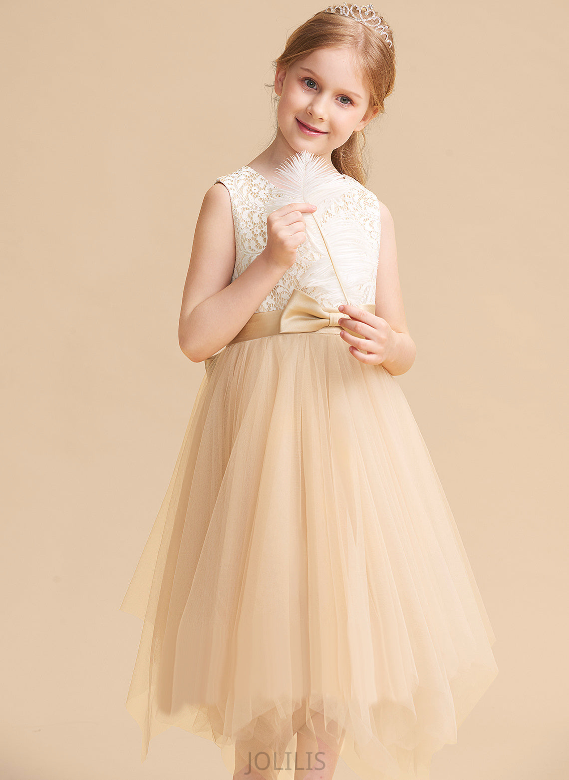 Neck A-Line Scalloped - Lace/Bow(s) With Tea-length Tulle Flower Girl Dresses Lucile Flower Girl Sleeveless Dress