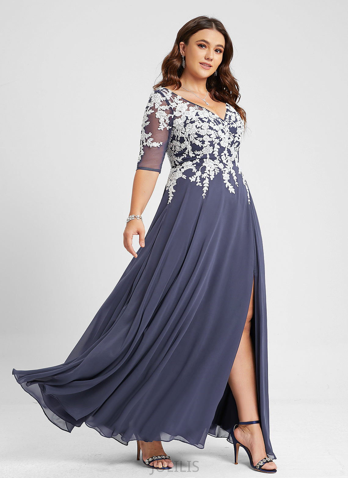 Glenda Chiffon Sequins Prom Dresses Lace With V-neck Floor-Length A-Line