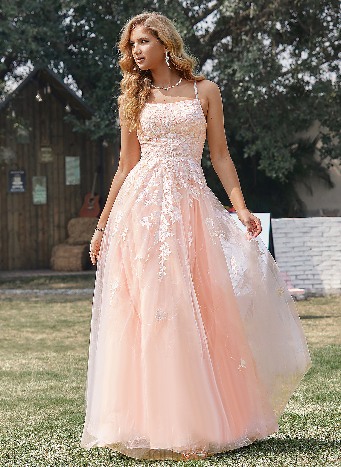 Lace Ava Tulle Floor-Length Ball-Gown/Princess With Prom Dresses Sequins Square