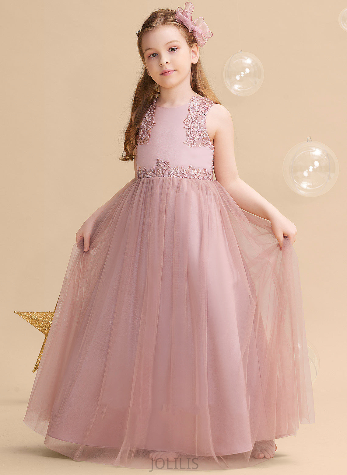 '- Beading/Sequins With Elaina Satin/Tulle/Lace Girl Neck Floor-length Scoop Flower Girl Dresses Flower Dress Sleeveless Ball-Gown/Princess