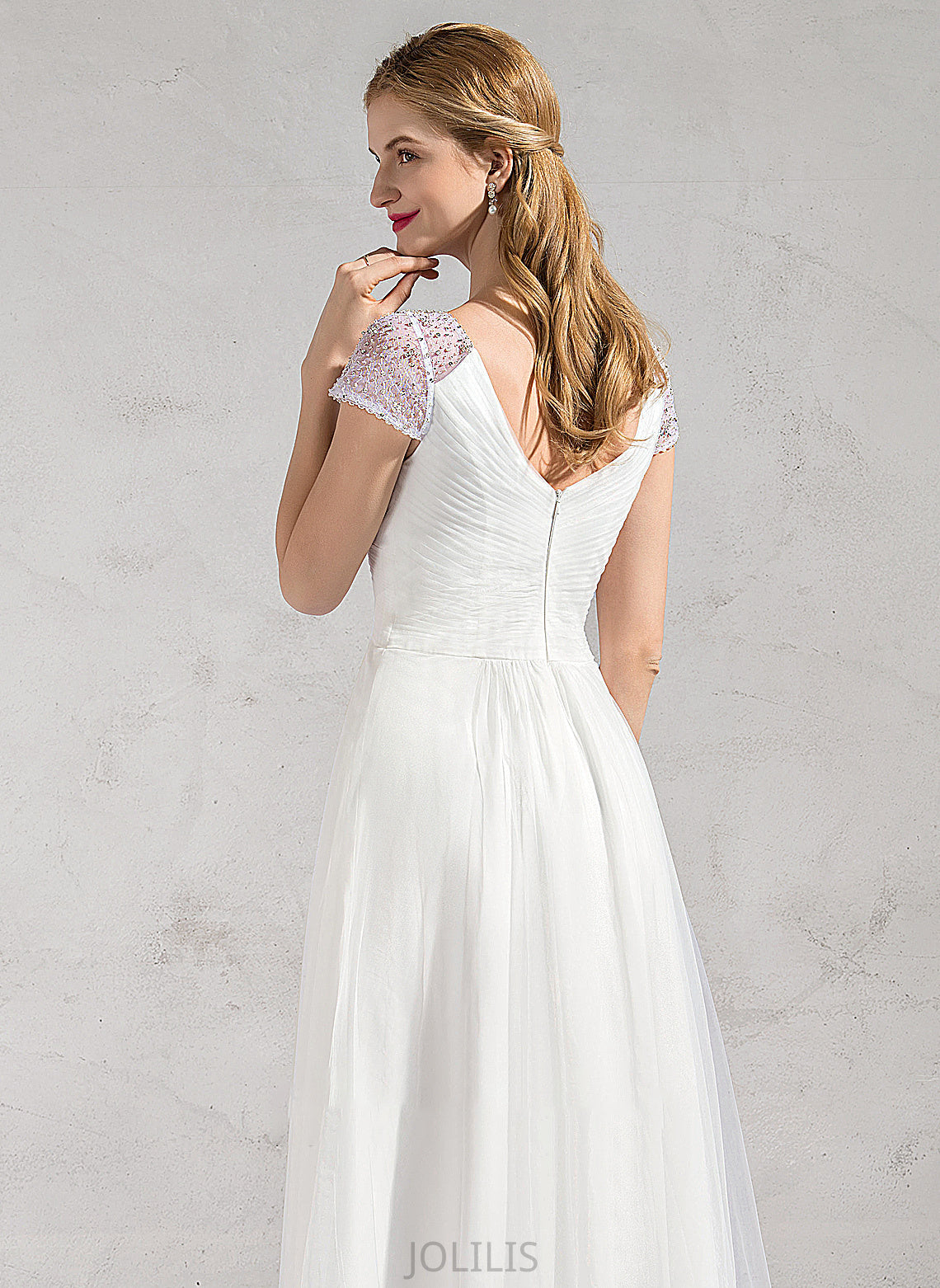 A-Line V-neck Asymmetrical Tulle Lacey Dress Ruffle Sequins Beading Wedding Dresses With Wedding