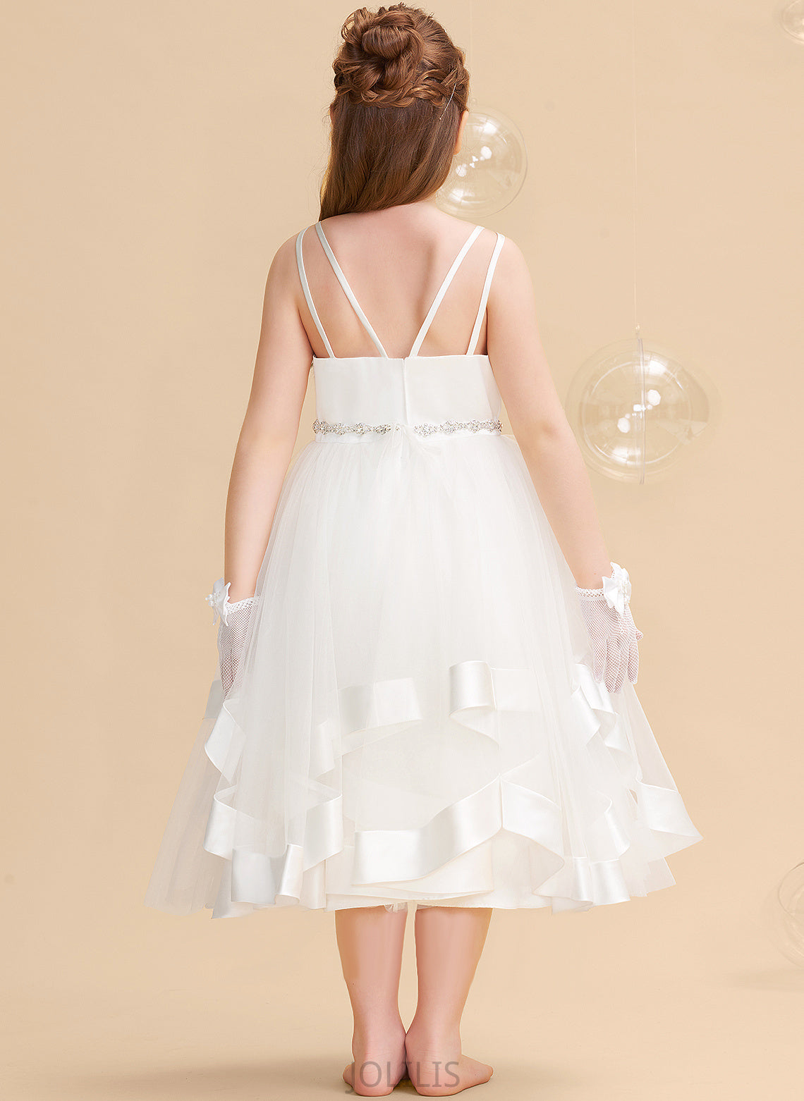 Straps A-Line Girl - Satin/Tulle Beading Flower Dress Tea-length Sleeveless Flower Girl Dresses Emery With