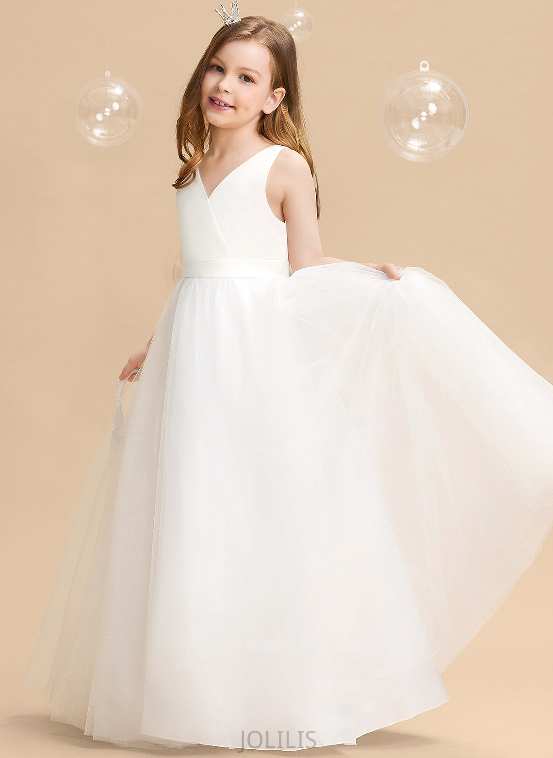 With Alisha Sleeveless - Back Ball-Gown/Princess Flower Girl Dresses Tulle Girl Flower Dress V-neck Floor-length Bow(s)/V