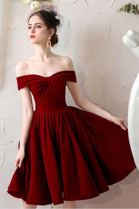 Burgundy Off the Shoulder Pleated Homecoming Dress, Knee Length Graduation Dresses N2191