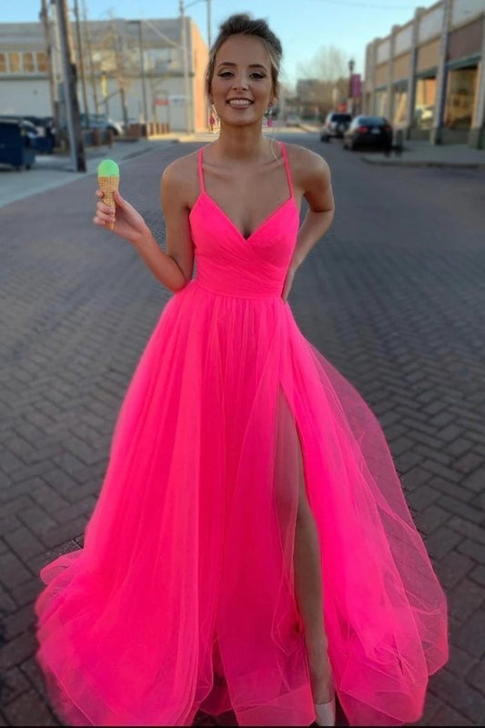 Spaghetti Straps Tulle Prom Dress, Floor Length V Neck Split Party Dresses N2589