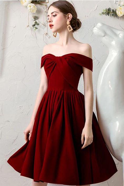 Burgundy Off the Shoulder Pleated Homecoming Dress, Knee Length Graduation Dresses N2191