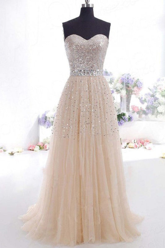 Sexy Strapless Sleeveless Sweetheart Beading Tulle Long Prom Dress E4