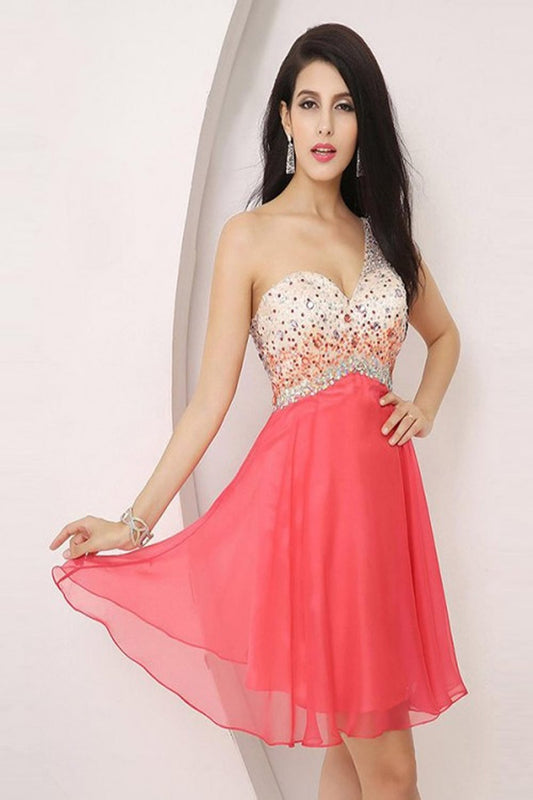 One Shoulder Beading Graduation Homecoming Dress E0