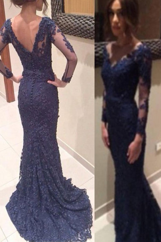 New Arrival Dark Navy Lace Mermaid Long Prom Dress E38