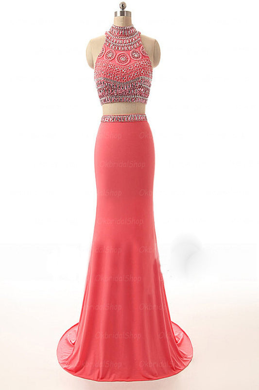 Watermelon Beaded Long Sheath Modest Prom Party Dresses