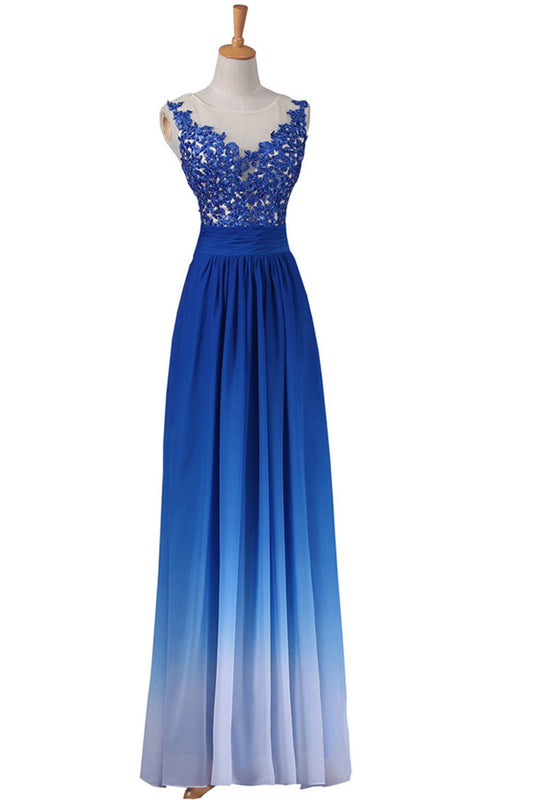 A-line Sleeveless Floor-Length Royal Blue Ombre Chiffon Long Prom Dress with Lace,ED0660