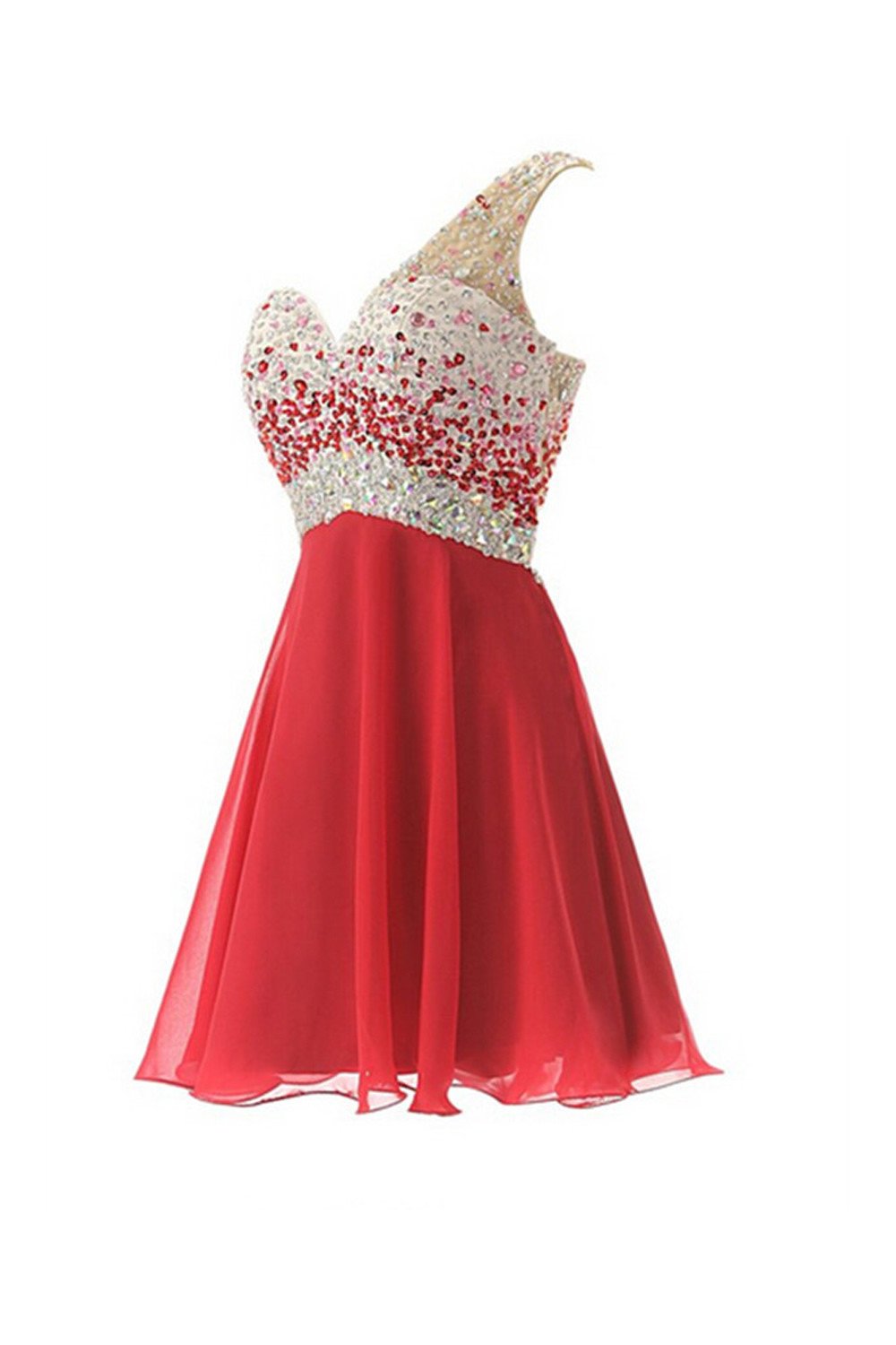 One Shoulder Red Chiffon Beaded Short Prom Dresses ED0671