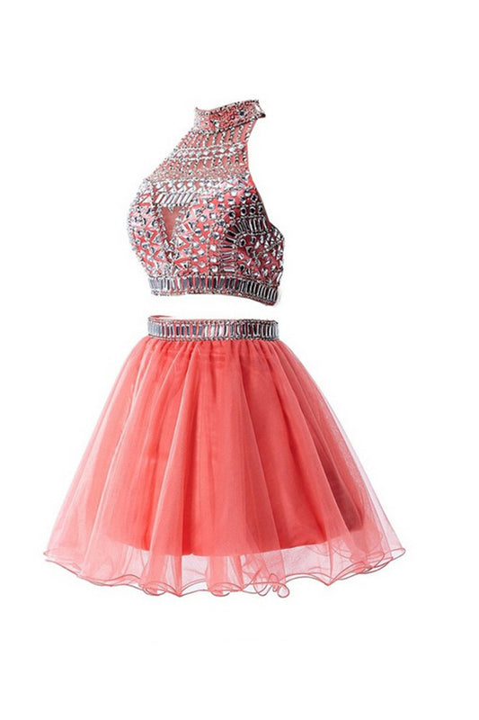 Watermelon Two Pieces Backless Short Prom Homecoming Dresses