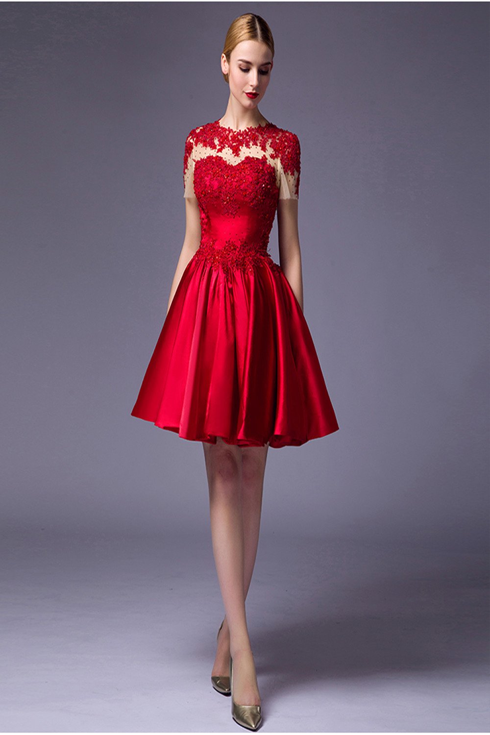 Cap Sleeves Beaded Red Lace Homecoming Cocktail Dresses ED0714