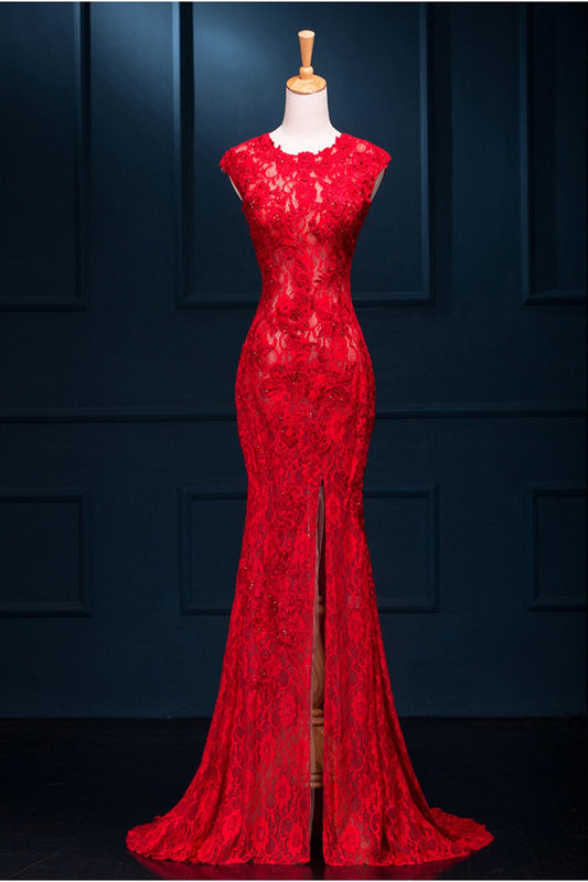 Long Sexy Red Lace See Through Split Mermaid Prom Evening  Dresses ED0719