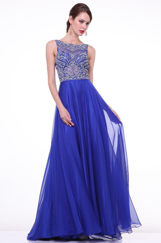 Elegant Royal Blue Long Beaded Cap Sleeves Backless Prom Dresses ED0722