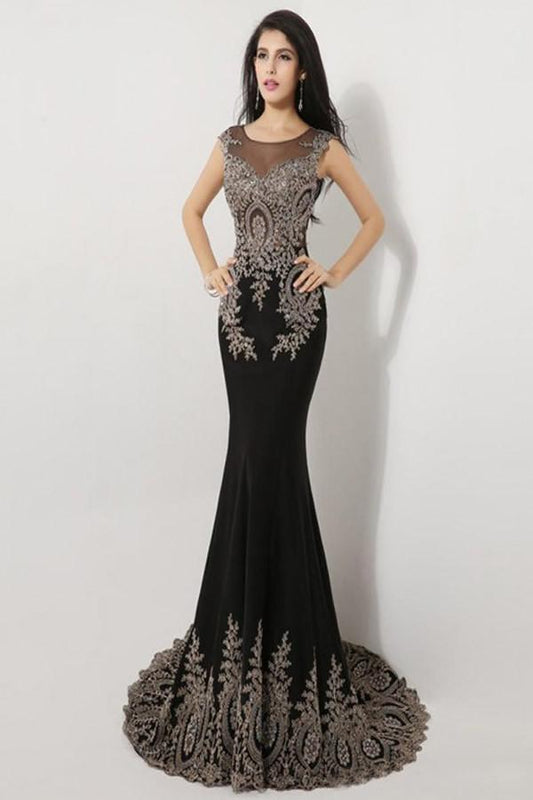 Sweep Train Black Long Cap Sleeve Beaded Prom Dresses