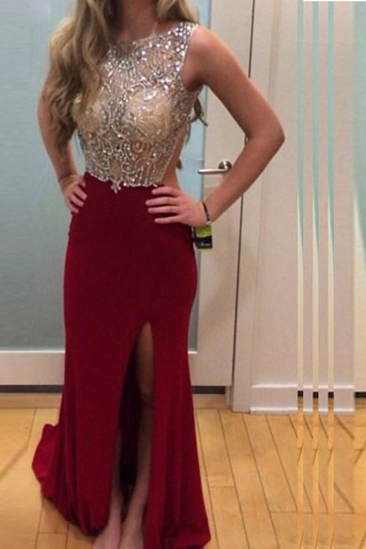 Newest Burgundy Beading Backless Long Prom Dress E56