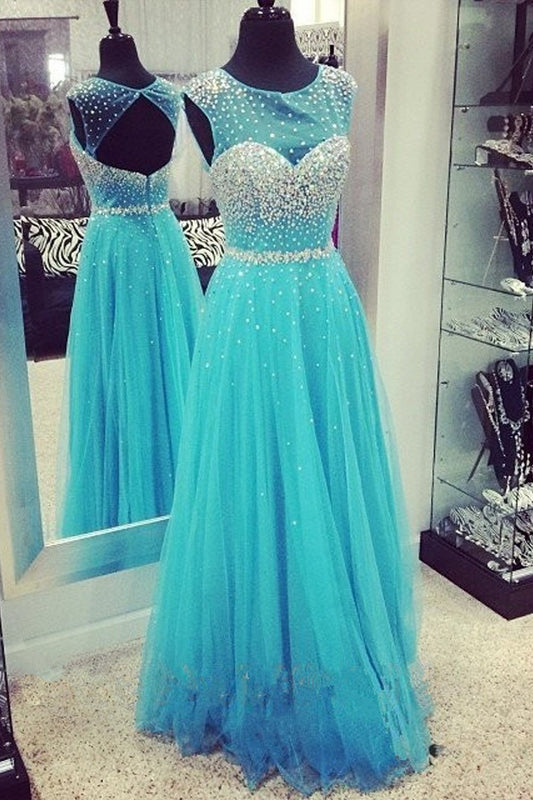 A-Line Beading Tulle Long Prom Dress Evening Dress E70