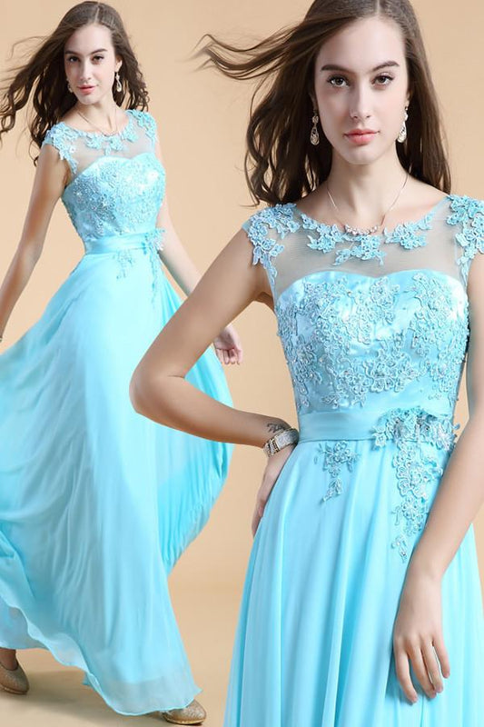 Backless Light Sky Blue Backless Chiffon Long Lace Beaded Prom Dresses ED0828