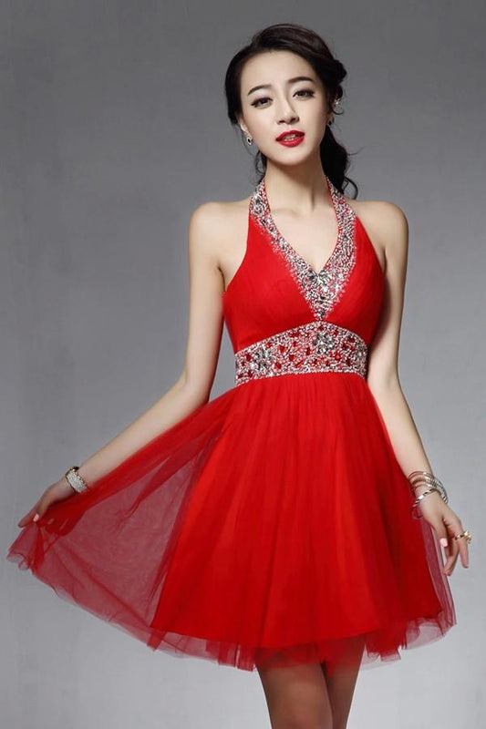 Halter Backless Red Beaded V-neck Homecoming Dresses ED0832