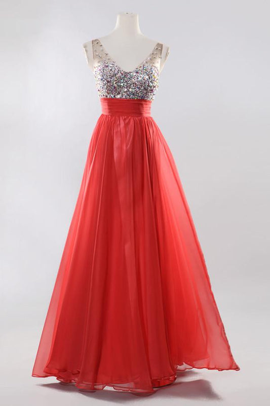 V-neck Beaded Red Long Backless Prom Evening Dresses ED0836