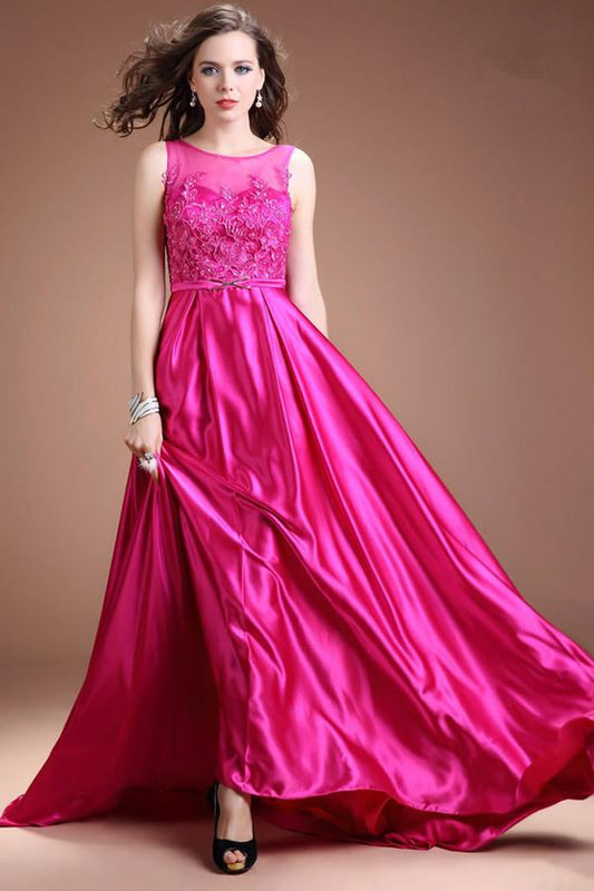 Fuchsia Long Satin Lace Beaded Cap Sleeves Prom Dresses ED0839