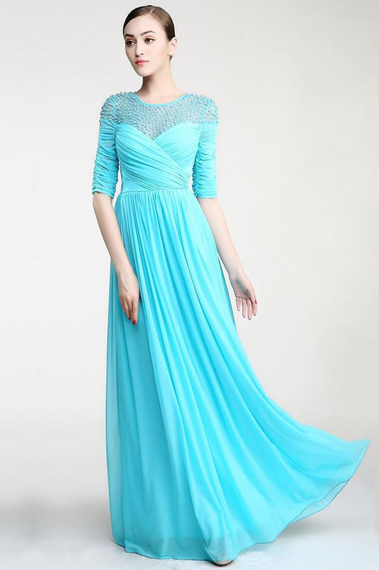 Real Nice Light Sky Blue Chiffon Half Sleeves Prom Dresses ED0841