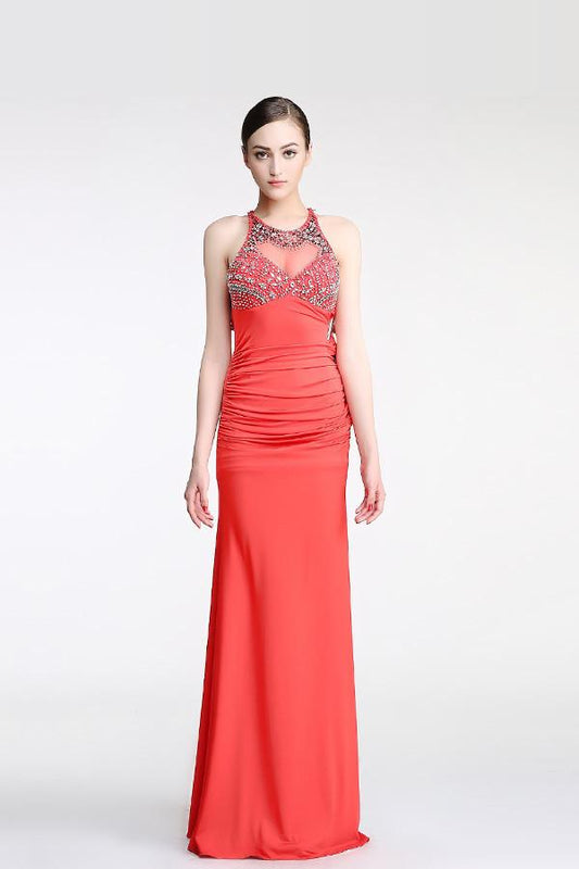 Backless Watermelon Sheath Mermaid Beaded Prom Dresses ED0845