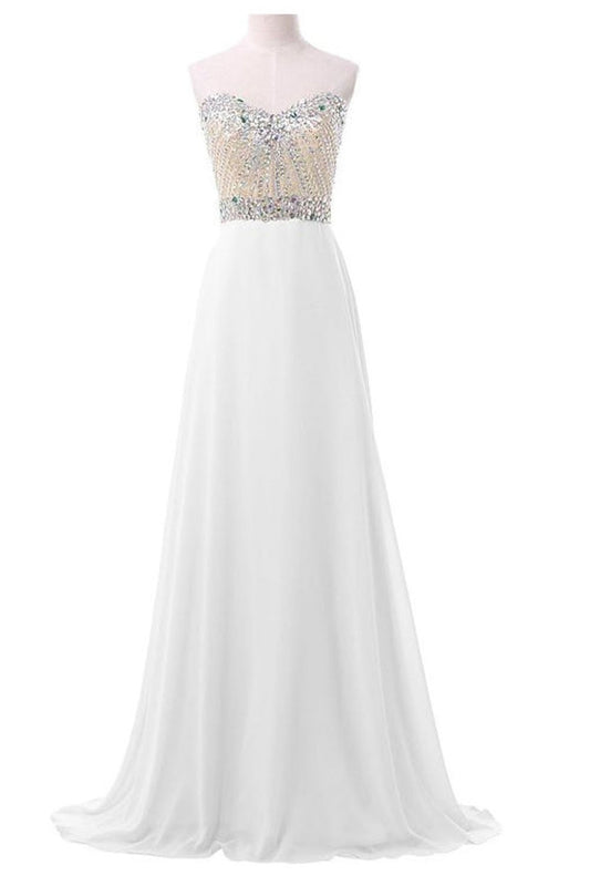 White Chiffon Sweetheart Beaded Long Prom Evening Dresses