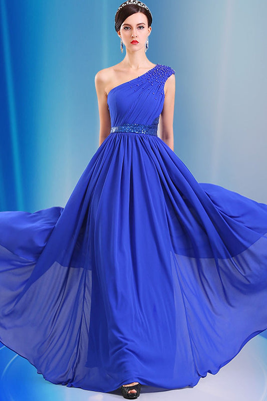 One Shoulder Chiffon Long Royal Blue Simple Prom Dresses ED0852