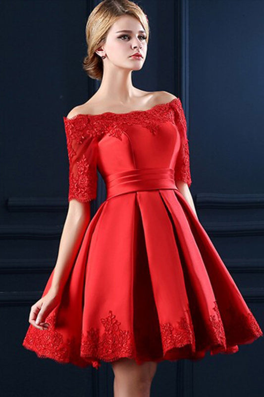 Lace Boat Neckline Red Lace Up Homecoming Dress,Half Sleeve Lace Homecoming Cocktail  Dresses ED0868