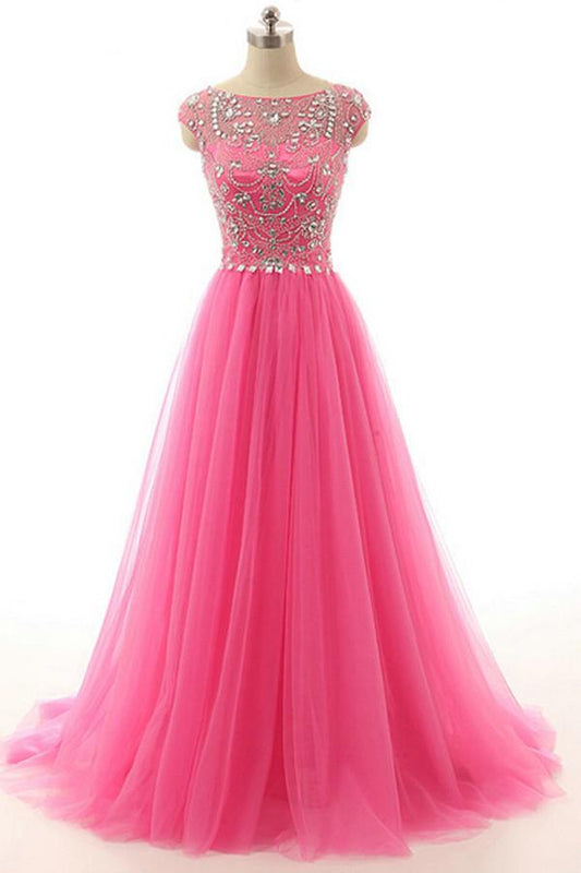 Hot Pink Beaded Long Zipper Modest Evening Prom Dresses ED0958