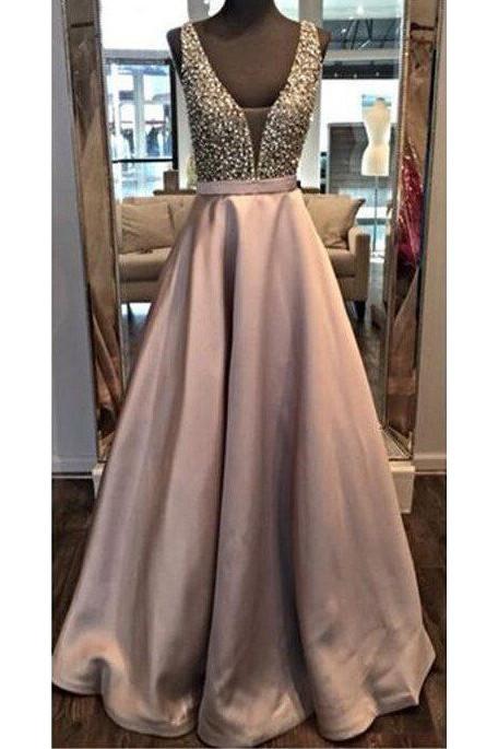 Beading Backless A-line Satin Formal Dress,Beaded Prom Dress Long,Formal Dress Long,N132