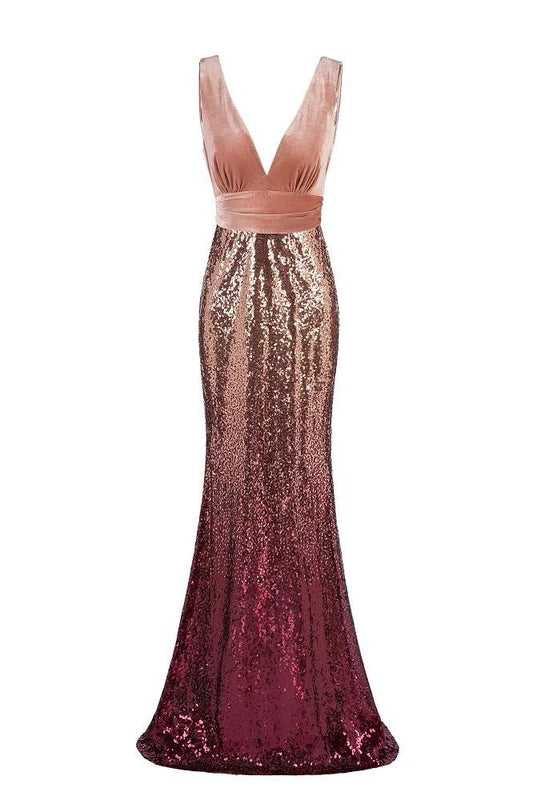 Sexy Sequins Mermaid V Neck Long Prom Dresses Backless Evening Dress XU90802