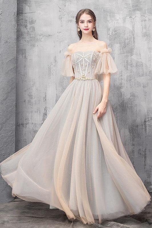 Elegant Off Shoulder Floor Length Tulle Prom Dress, Bridesmaid Dresses N2312