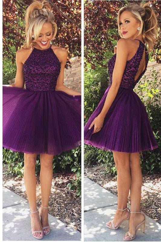 Open Back Homecoming Dress,Halter Purple Beaded Tulle Cocktail Dresses,Short Prom Dress,ED001