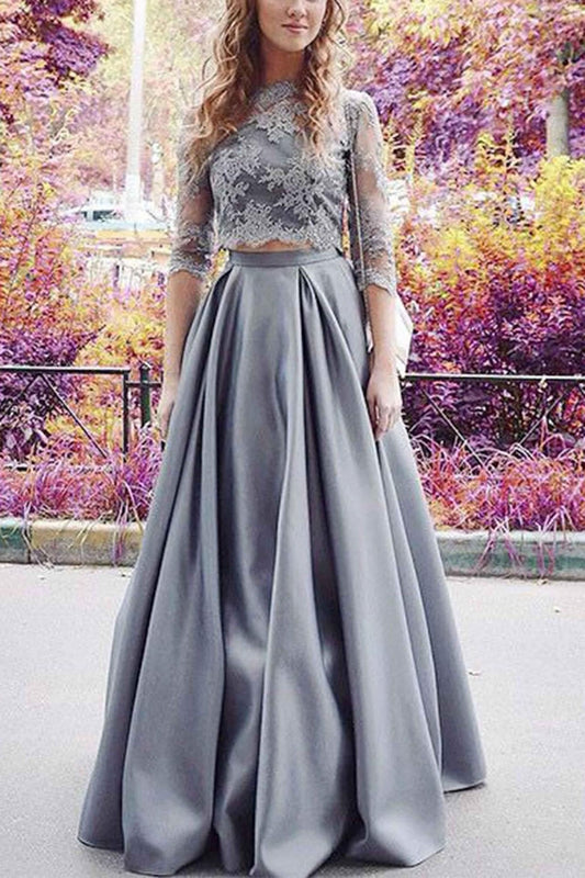 Modest Half Sleeves Prom Dress,Two Pieces Lace Crop Prom Dress,2 Pieces Sexy Prom Dress N70