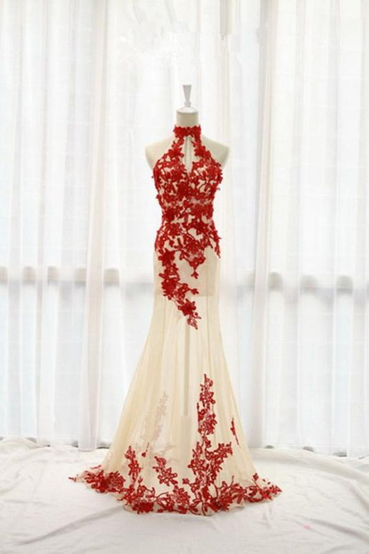 High Neck Appliques Long Prom Dress Evening Dress SD008