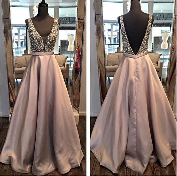 Beading Backless A-line Satin Formal Dress,Beaded Prom Dress Long,Formal Dress Long,N132