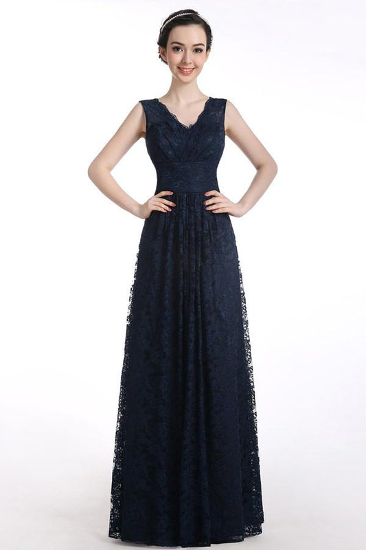 V-neck Lace Straps Navy Blue Long Prom Dress SD23