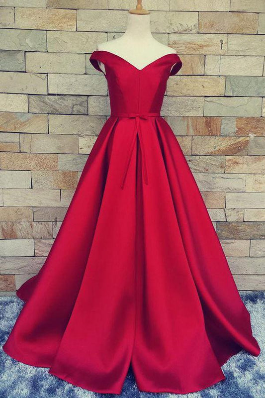 Charming A Line Satin Off-the-Shoulder Prom Dress With Belt N22