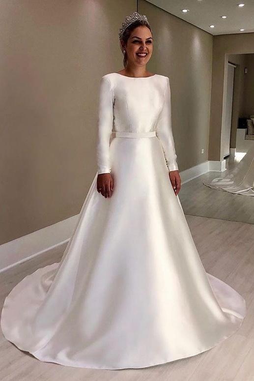 Vintage Long Sleeves Ivory Backless Simple Style Wedding Dresses With Bowknot Y0021